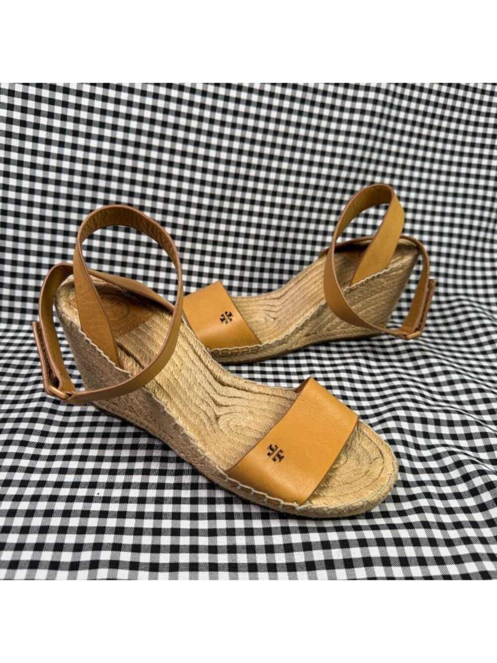Tory Burch Bima Espadrille Wedge Sandals Tan Leather Ankle Strap Size 6.5